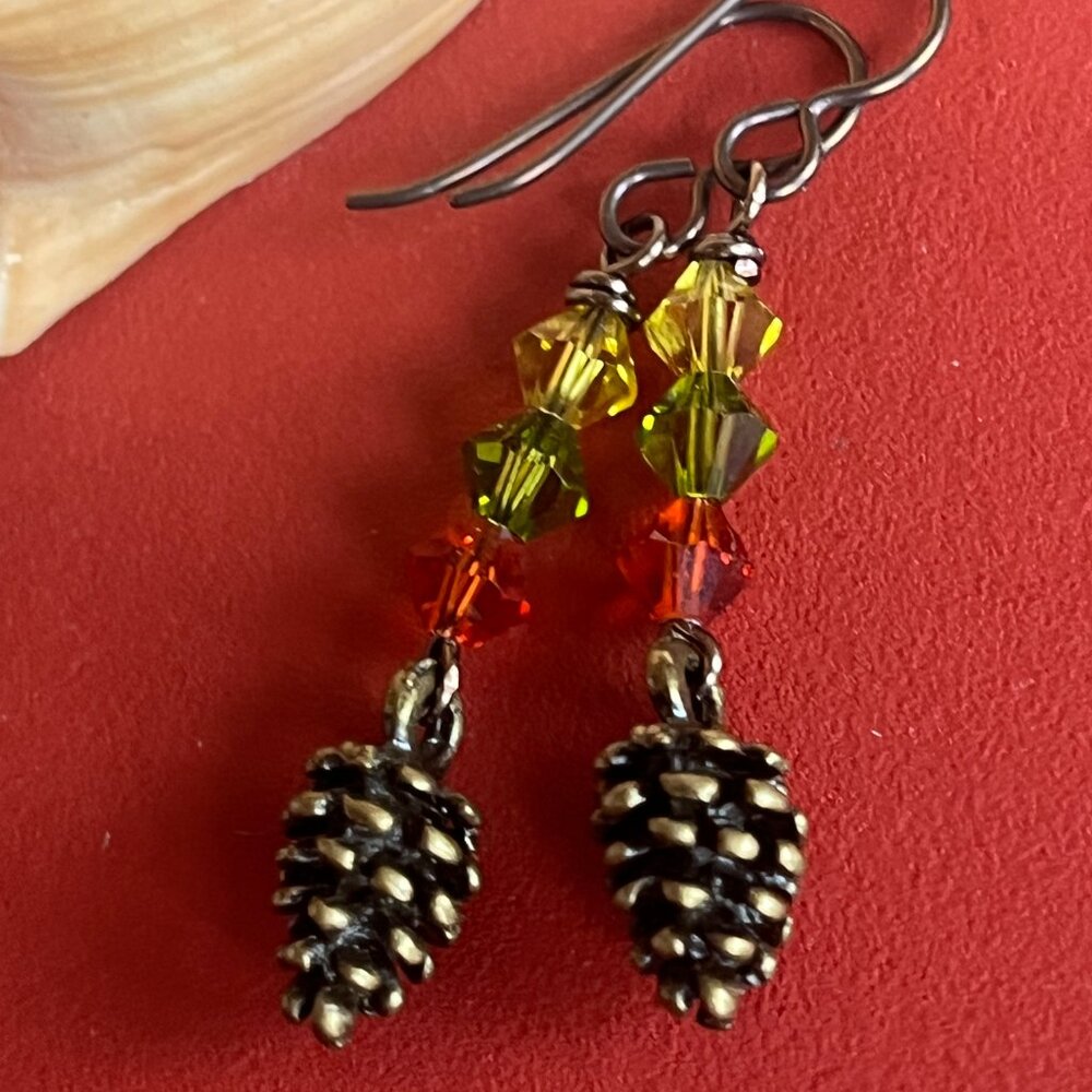 Pinecone Earrings: Swarovski Crystal & Antiqued Bronze, Woodland Jewelry